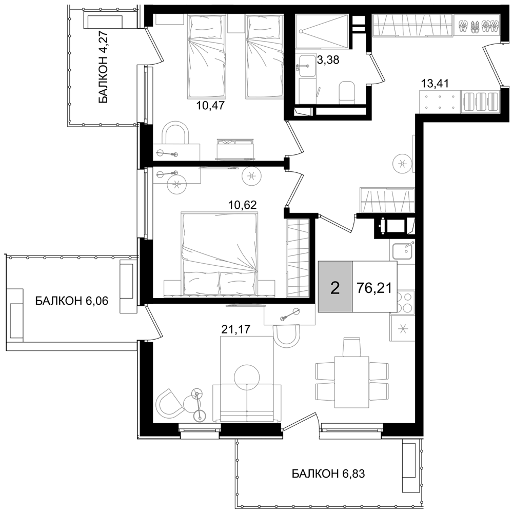 Планировка евротрёшка (3Е) 76.21 м² в ЖК «IT гостиничный комплекс Корсаков», корпус 2