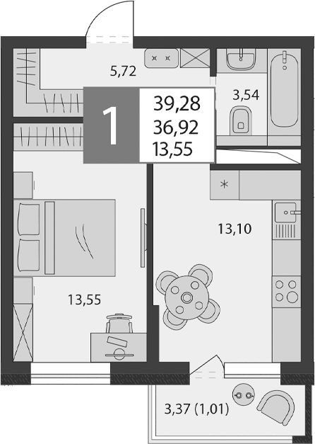 Планировка однокомнатная 36.92 м² в ЖК «К24», корпус Б