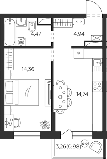 Планировка однокомнатная 39.19 м² в ЖК «К24», корпус А