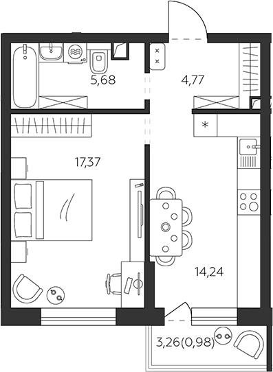 Планировка однокомнатная 43.04 м² в ЖК «К24», корпус А