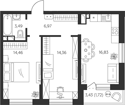 Планировка двухкомнатная 57.83 м² в ЖК «К24», корпус А