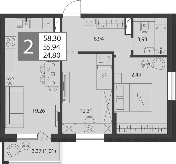 Планировка евротрёшка (3Е) 55.94 м² в ЖК «К24», корпус Б