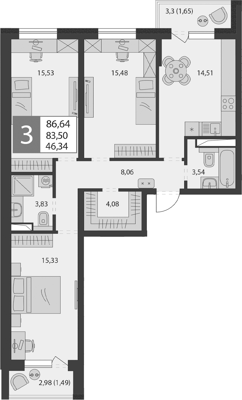 Планировка трёхкомнатная 83.5 м² в ЖК «К24», корпус Б