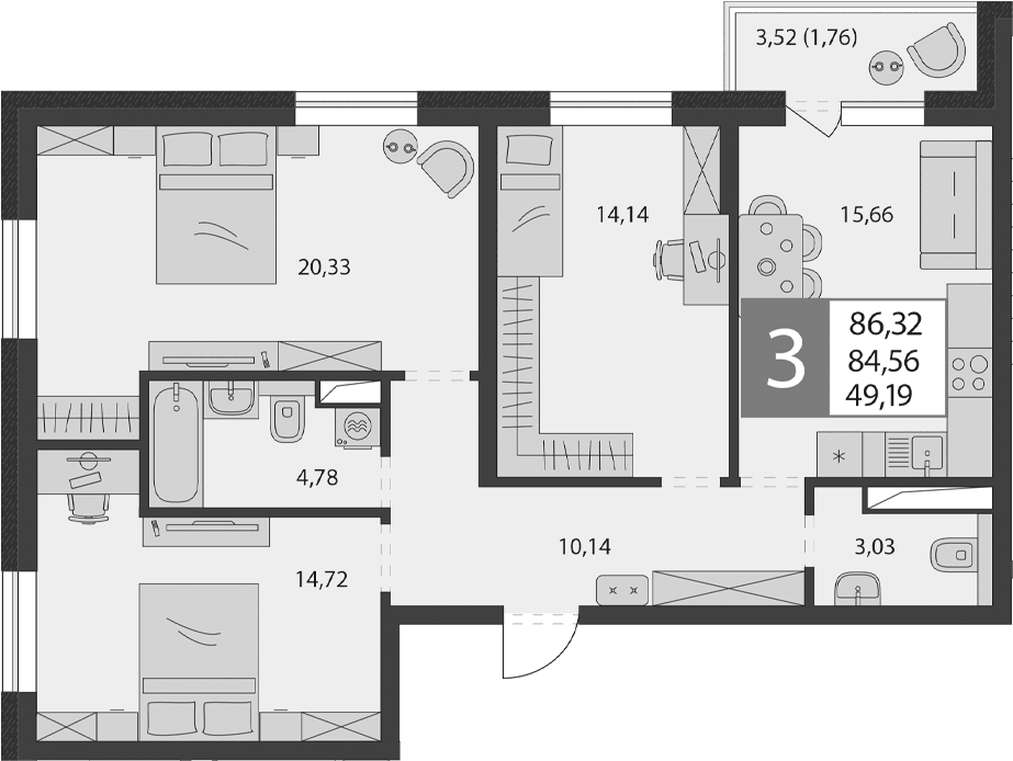 Планировка евро-4 (4Е) 84.56 м² в ЖК «К24», корпус Б