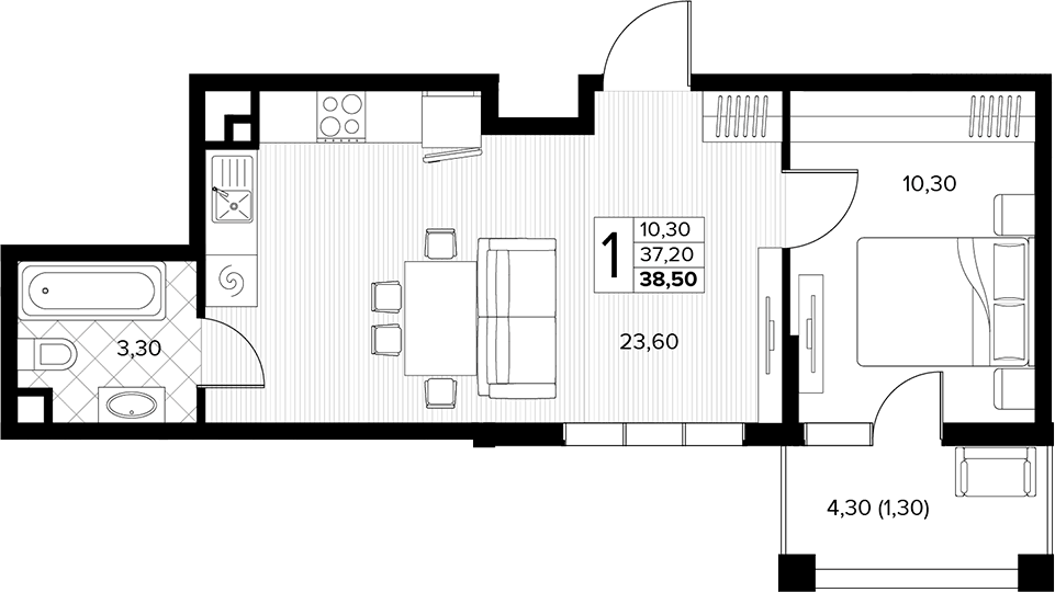 Планировка однокомнатная 38.5 м² в ЖК «Кипарис», корпус 7