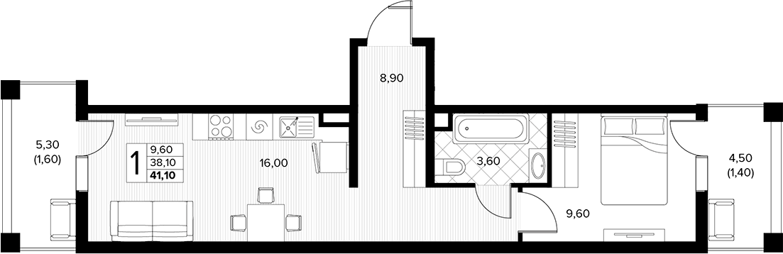 Планировка однокомнатная 41.1 м² в ЖК «Кипарис», корпус 6