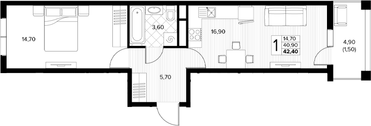 Планировка евродвушка (2Е) 42.4 м² в ЖК «Кипарис», корпус 8