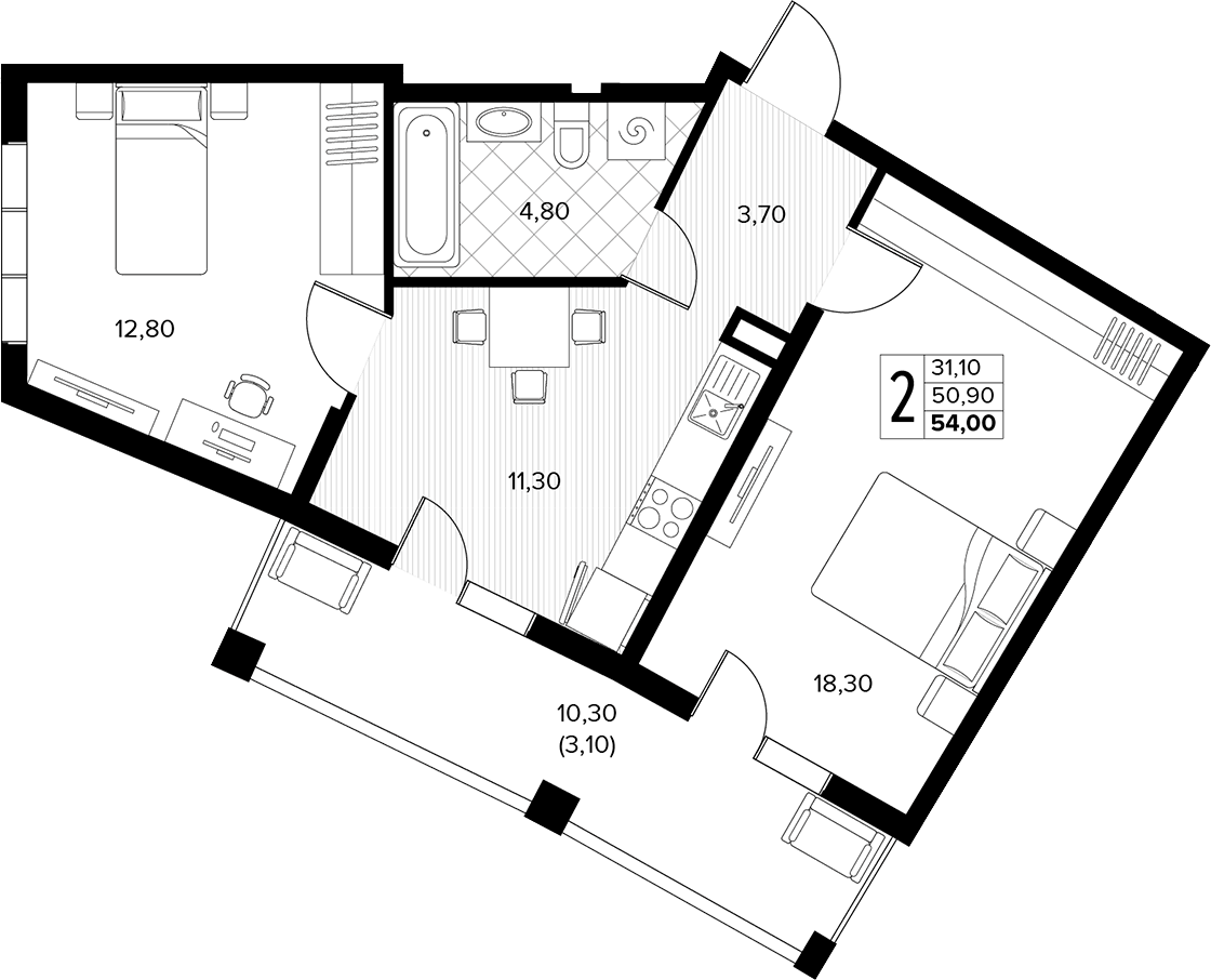 Планировка двухкомнатная 54 м² в ЖК «Кипарис», корпус 7