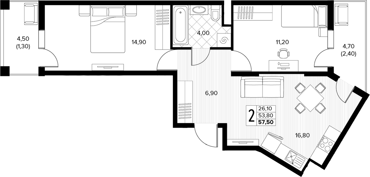 Планировка двухкомнатная 57.5 м² в ЖК «Кипарис», корпус 7