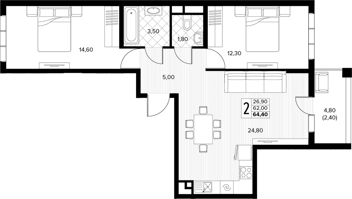 Планировка двухкомнатная 64.4 м² в ЖК «Кипарис», корпус 6