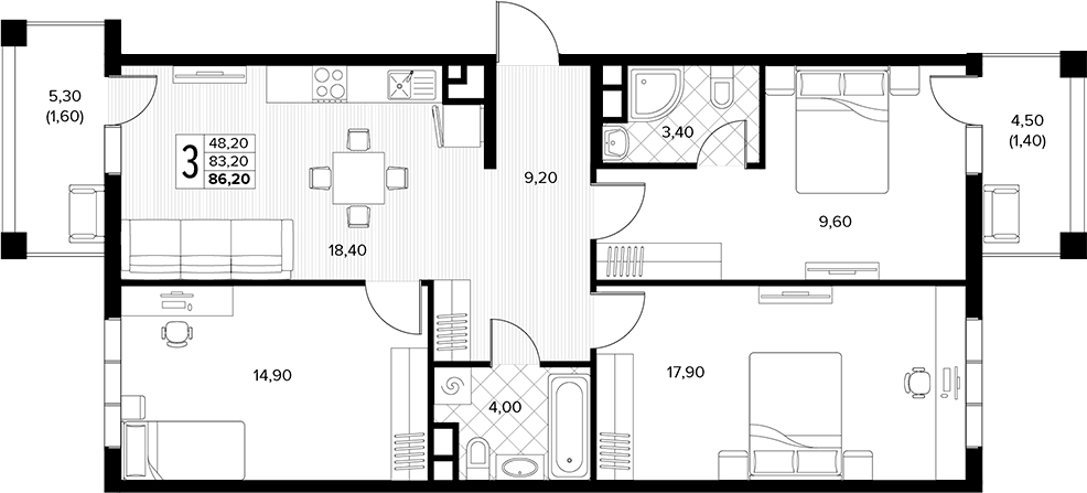 Планировка трёхкомнатная 86.2 м² в ЖК «Кипарис», корпус 6