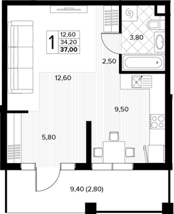 Планировка Студии 37 м² в ЖК «Кипарис», корпус 8