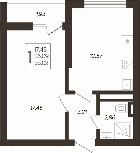Планировка однокомнатная 38.02 м² в ЖК «Кислород», корпус 11