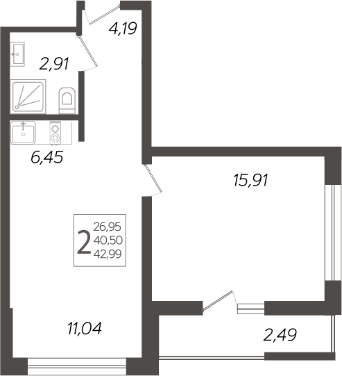 Планировка евродвушка (2Е) 42.99 м² в ЖК «Кислород», корпус 12
