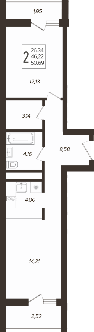 Планировка евродвушка (2Е) 51.7 м² в ЖК «Кислород», корпус 11