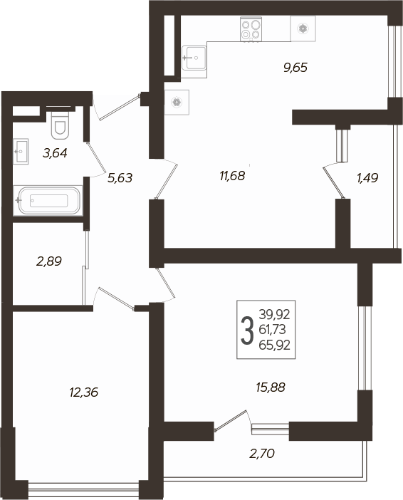 Планировка евротрёшка (3Е) 67.2 м² в ЖК «Кислород», корпус 11