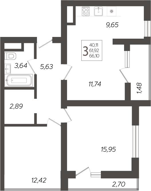 Планировка евротрёшка (3Е) 67.7 м² в ЖК «Кислород», корпус 13