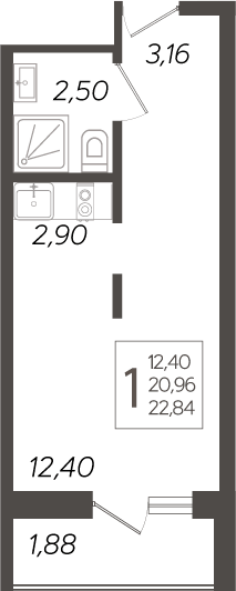 Планировка Студии 22.84 м² в ЖК «Кислород», корпус 10
