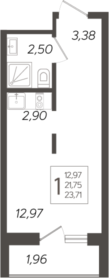 Планировка Студии 23.71 м² в ЖК «Кислород», корпус 12