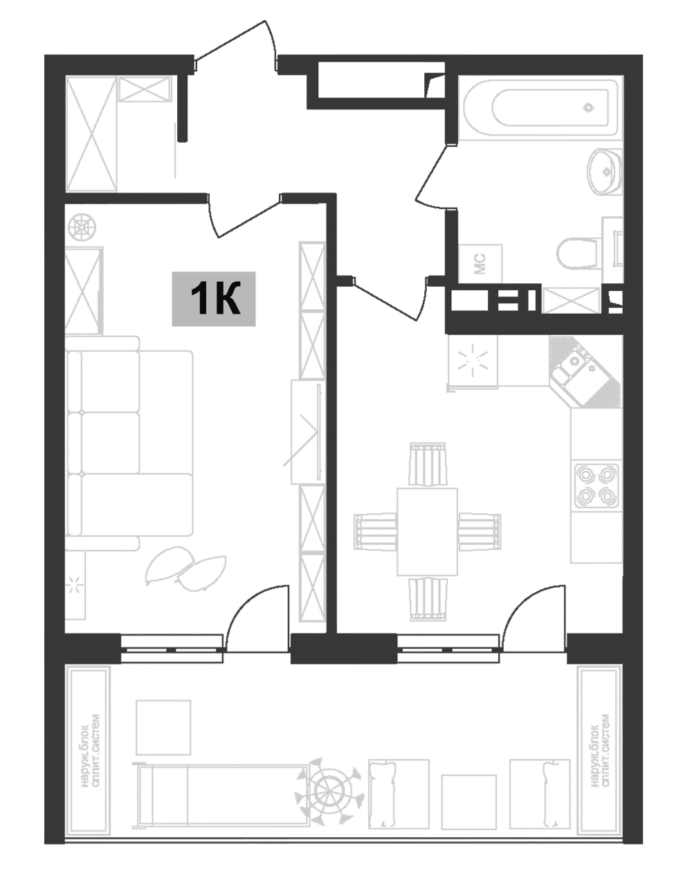 Планировка однокомнатная 51.8 м² в ЖК «Клубная резиденция Европа», корпус Б