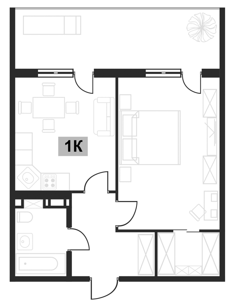 Планировка однокомнатная 58.9 м² в ЖК «Клубная резиденция Европа», корпус В