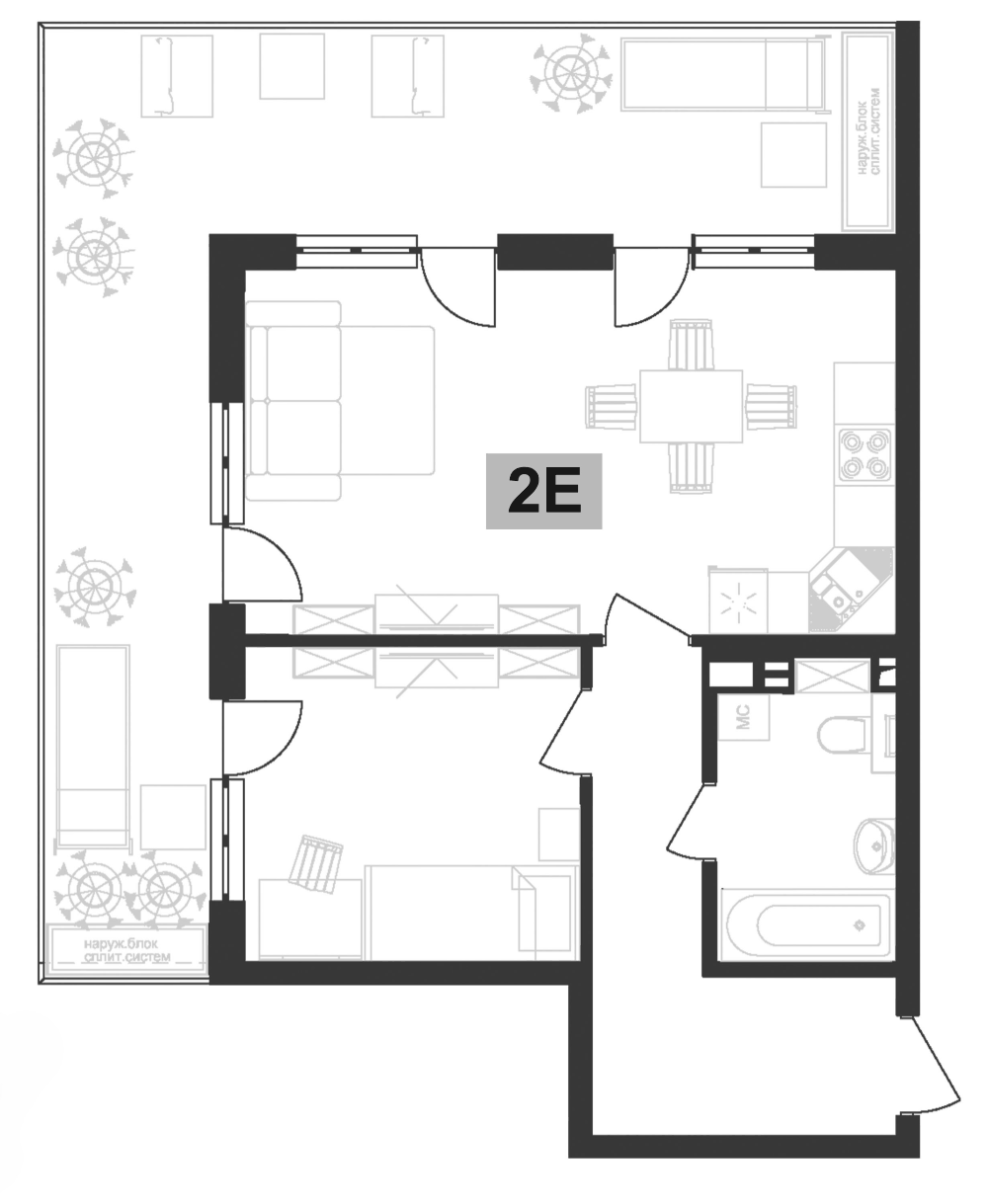 Планировка евродвушка (2Е) 74.4 м² в ЖК «Клубная резиденция Европа», корпус Б