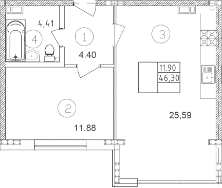 Планировка однокомнатная 46.3 м² в ЖК «Клубный», корпус 1