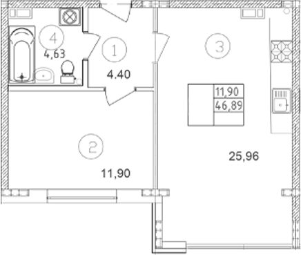 Планировка однокомнатная 46.89 м² в ЖК «Клубный», корпус 1