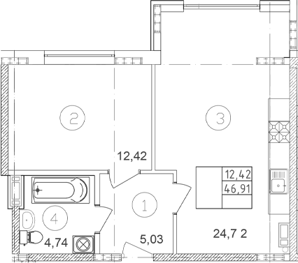Планировка однокомнатная 46.91 м² в ЖК «Клубный», корпус 1