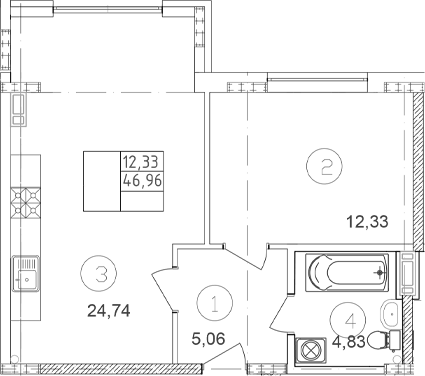 Планировка однокомнатная 46.96 м² в ЖК «Клубный», корпус 1