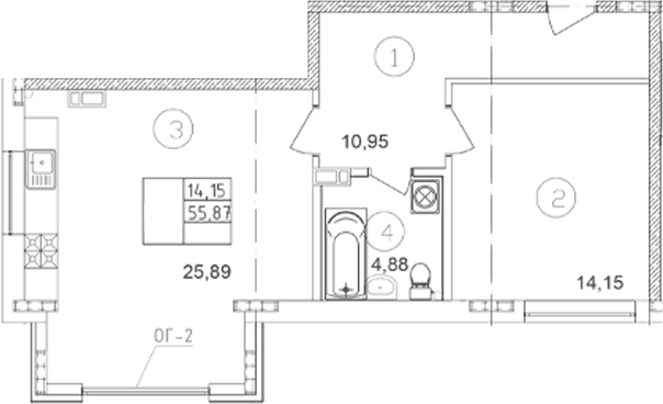 Планировка однокомнатная 55.87 м² в ЖК «Клубный», корпус 1