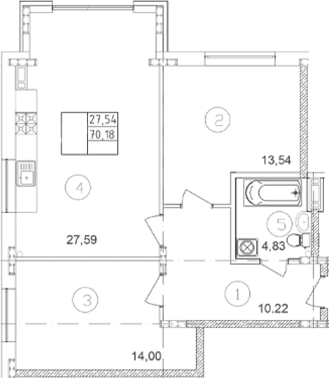 Планировка двухкомнатная 70.18 м² в ЖК «Клубный», корпус 1