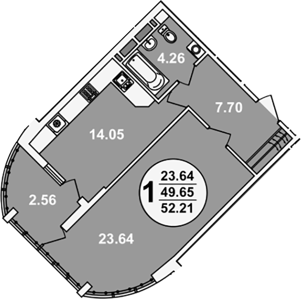 Планировка однокомнатная 52.21 м² в ЖК «Краснодар Сити», корпус 3