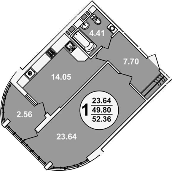 Планировка однокомнатная 52.36 м² в ЖК «Краснодар Сити», корпус 4