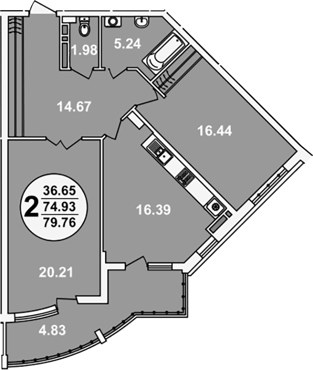 Планировка двухкомнатная 79.76 м² в ЖК «Краснодар Сити», корпус 4