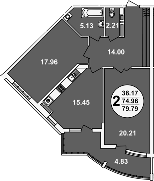 Планировка двухкомнатная 79.79 м² в ЖК «Краснодар Сити», корпус 3