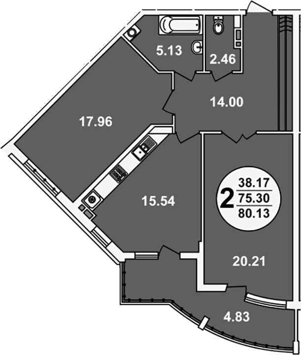 Планировка двухкомнатная 80.13 м² в ЖК «Краснодар Сити», корпус 4