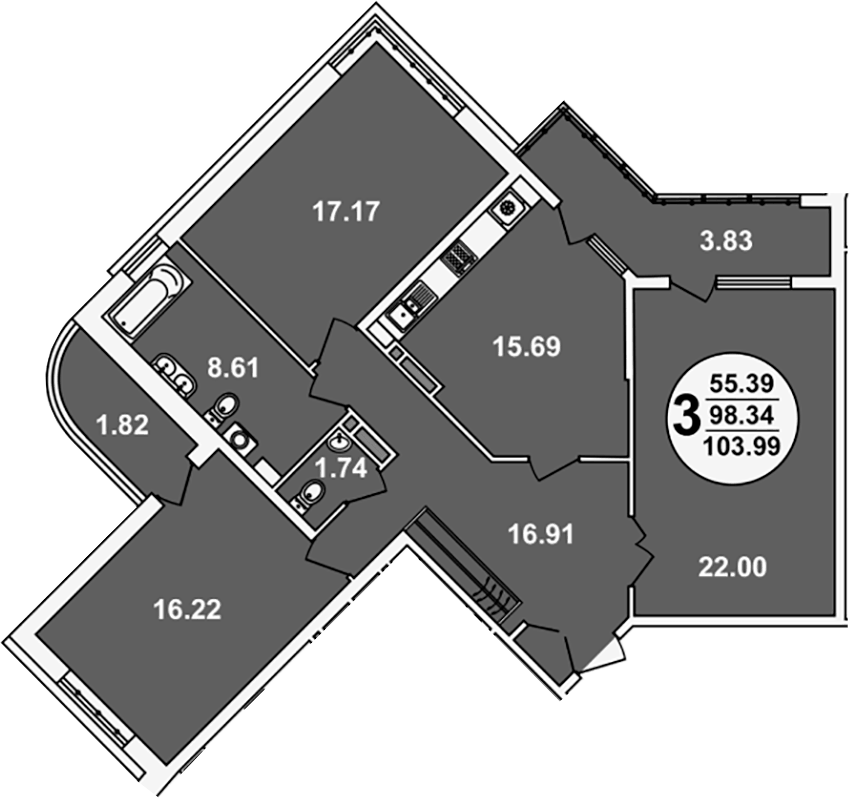 Планировка трёхкомнатная 103.99 м² в ЖК «Краснодар Сити», корпус 3