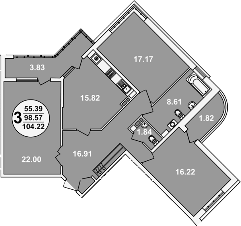 Планировка трёхкомнатная 104.22 м² в ЖК «Краснодар Сити», корпус 4