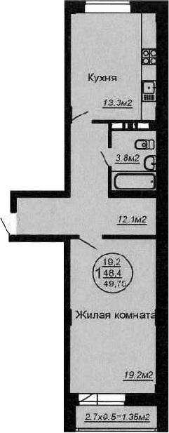 Планировка однокомнатная 51.85 м² в ЖК «Кубаночка», корпус 1