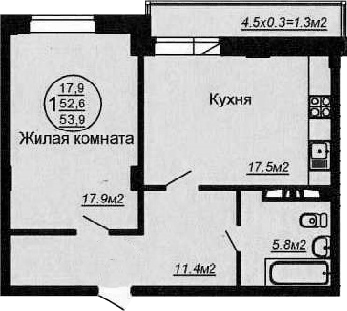 Планировка евродвушка (2Е) 56.8 м² в ЖК «Кубаночка», корпус 1
