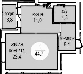 Планировка однокомнатная 44.7 м² в ЖК «Кубанская усадьба. ООО СЗ Кубанская усадьба», корпус 5
