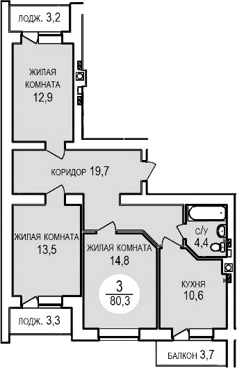 Планировка трёхкомнатная 81 м² в ЖК «Кубанская усадьба. ООО СЗ Кубанская усадьба», корпус 4
