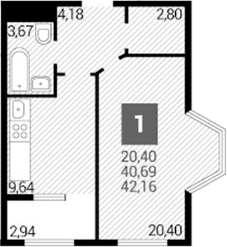 Планировка однокомнатная 42.16 м² в ЖК «Кубанский. ОБД-Инвест», корпус 5.2