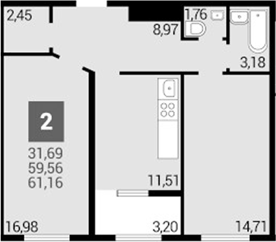 Планировка двухкомнатная 61.16 м² в ЖК «Кубанский. ОБД-Инвест», корпус 5.2