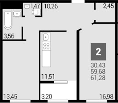 Планировка двухкомнатная 61.28 м² в ЖК «Кубанский. ОБД-Инвест», корпус 5.2