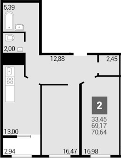 Планировка двухкомнатная 70.64 м² в ЖК «Кубанский. ОБД-Инвест», корпус 5.2
