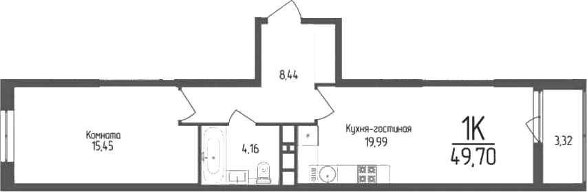 Планировка однокомнатная 49.7 м² в ЖК «Кумир», корпус 3