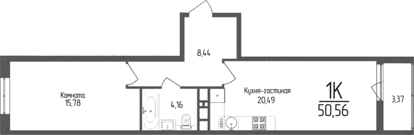 Планировка однокомнатная 50.56 м² в ЖК «Кумир», корпус 3