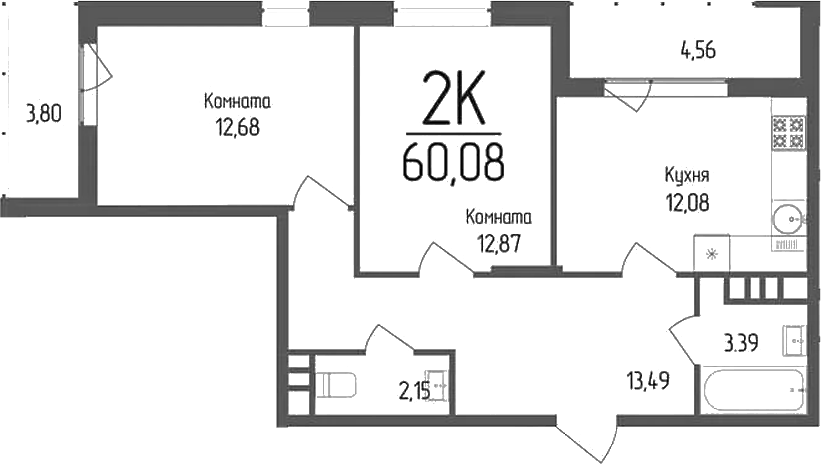 Планировка двухкомнатная 60.08 м² в ЖК «Кумир», корпус 3